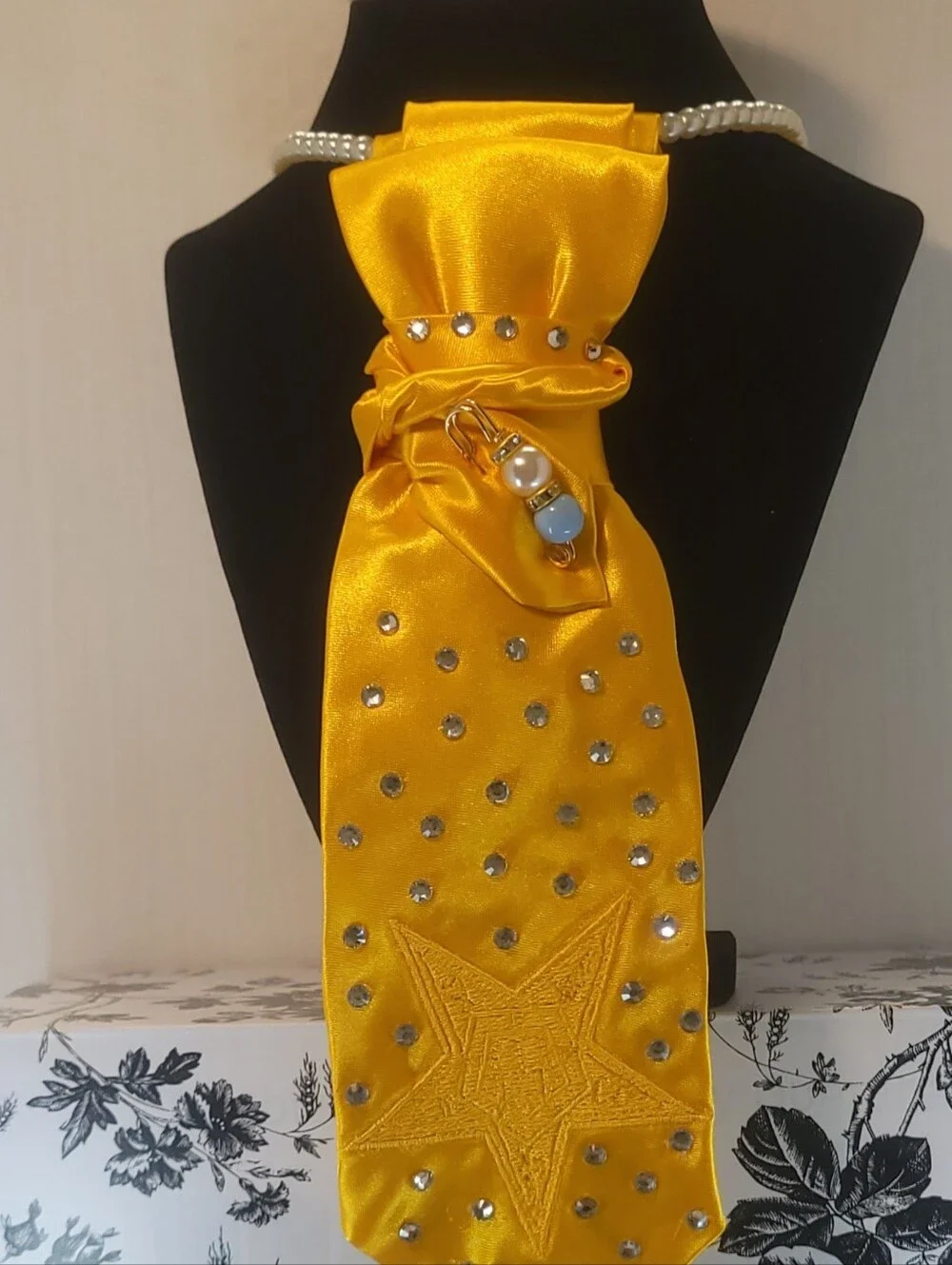 Yellow Satin Decorative Scarf Necklace with Monochrome Star and Crystal Accents